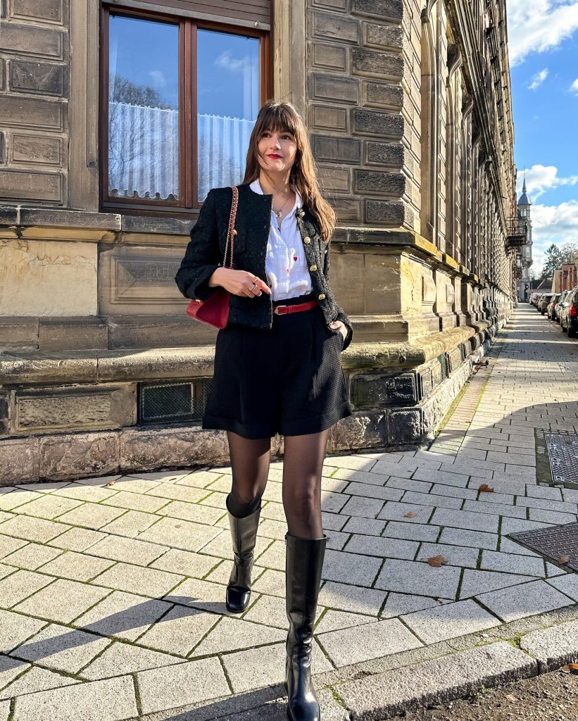Black Tweed Jacket + White Heart-Print Shirt + Black Shorts