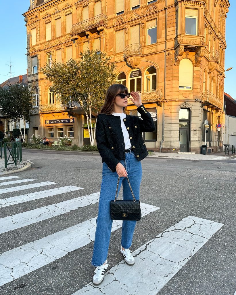 Black Tweed Jacket + White T-Shirt + Straight-Leg Jeans