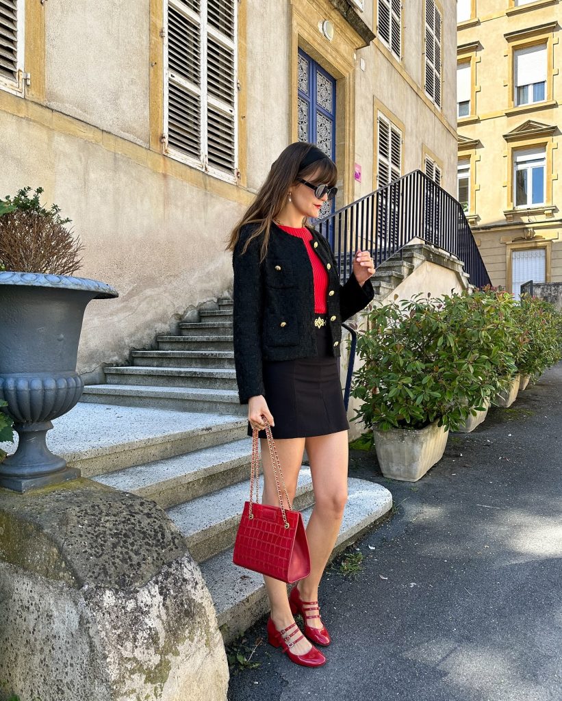 Black Tweed Jacket + Red Knit Top + Black Mini Skirt