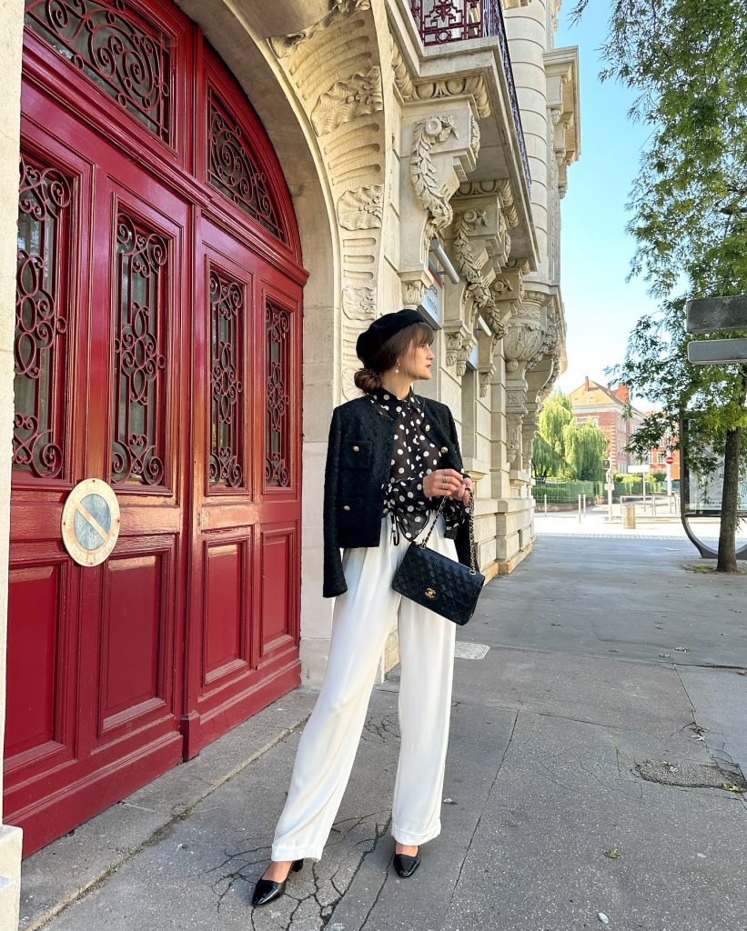 Black Tweed Jacket + Polka Dot Blouse + White Wide-Leg Pants
