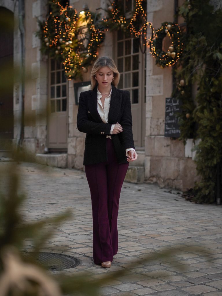 Black Tweed Blazer + Plum Flared Trousers + Cream Silk Blouse