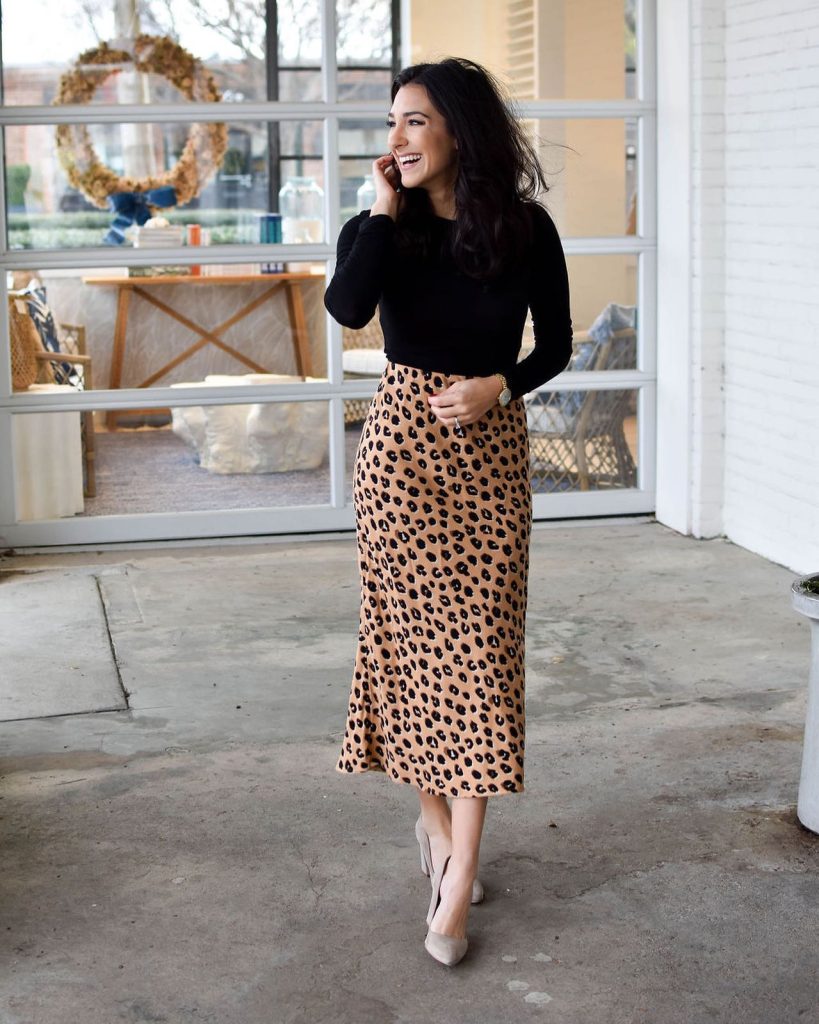  Black Long-Sleeve Bodysuit + Leopard Print Midi Skirt