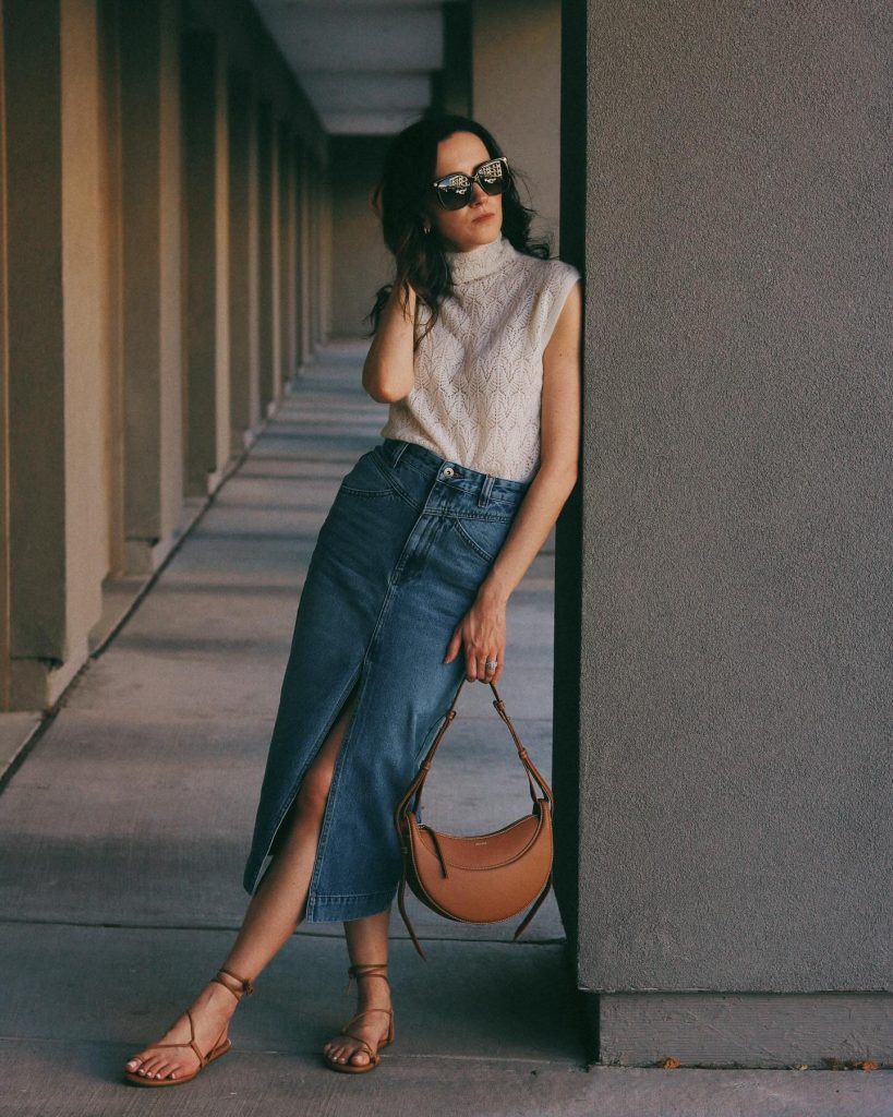White Lace Knit Top + Denim Maxi Skirt + Brown Strappy Sandals