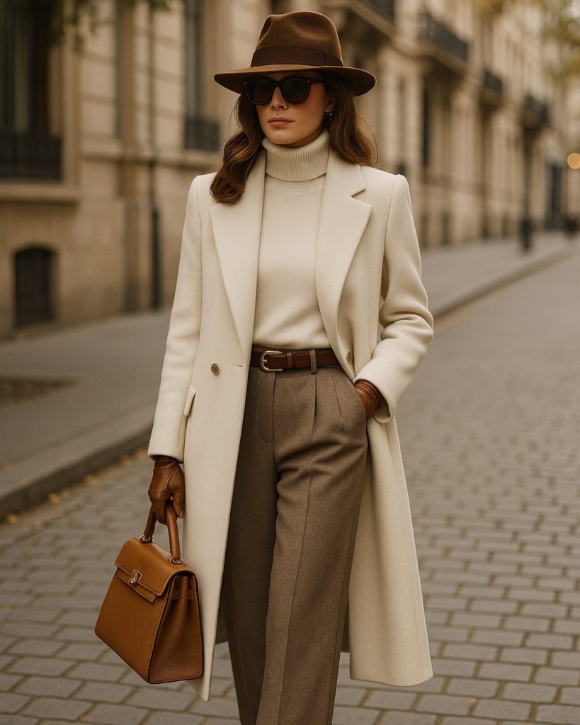 Off-White Wool Overcoat + Taupe Tailored Trousers + Brown Felt Fedora