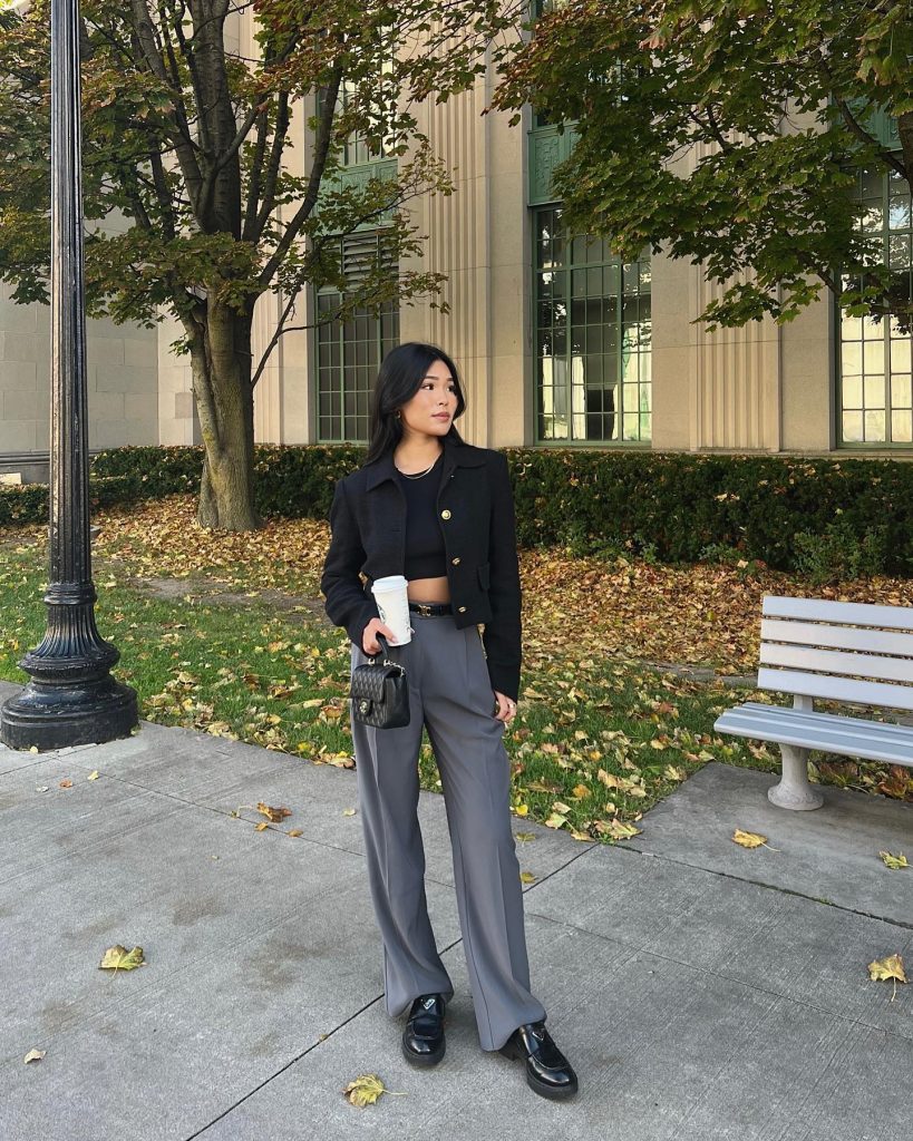 Black Cropped Jacket + Grey Tailored Trousers + Black Loafers
