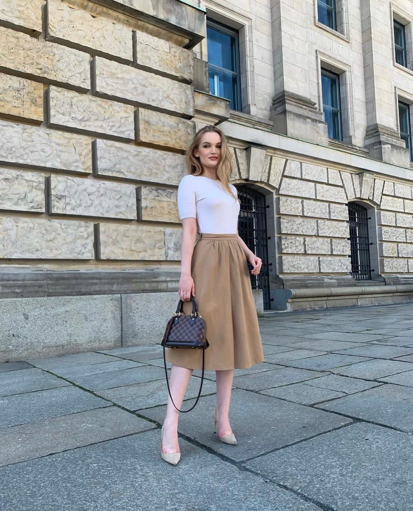 White Short-Sleeve Top + Tan A-Line Skirt