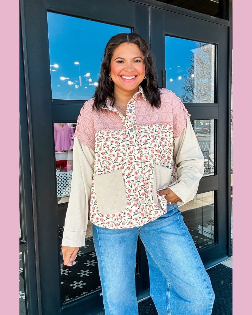 Pink Quilted and Floral Colorblock Shirt + Denim Jeans