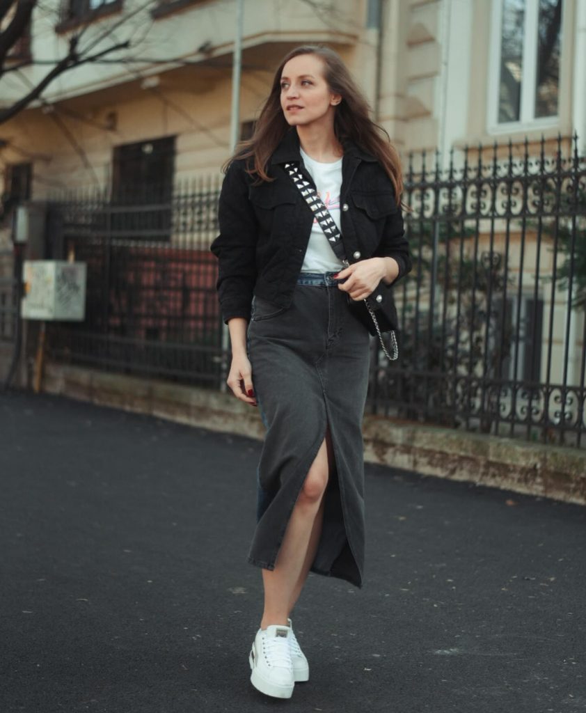 Black Denim Jacket + Graphic Tee + Charcoal Denim Skirt