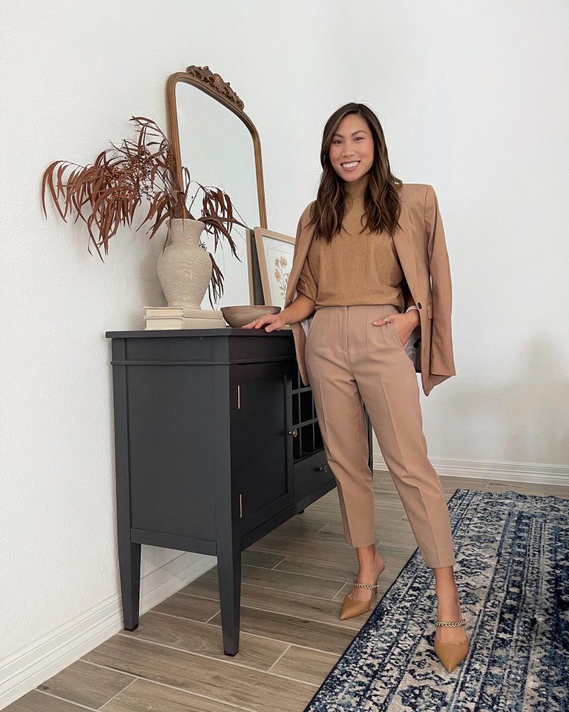 Tan Blazer + Camel Knit Top + Tan Trousers