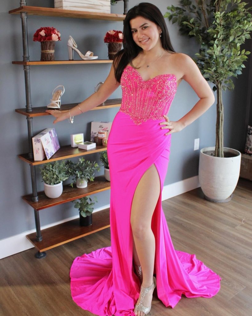 Hot Pink Corset Gown + Beaded Bodice + High-Slit Skirt