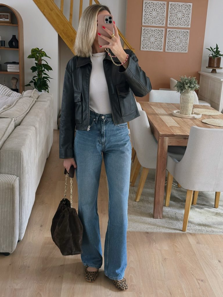 Black Leather Jacket + White T-shirt + Wide-Leg Jeans