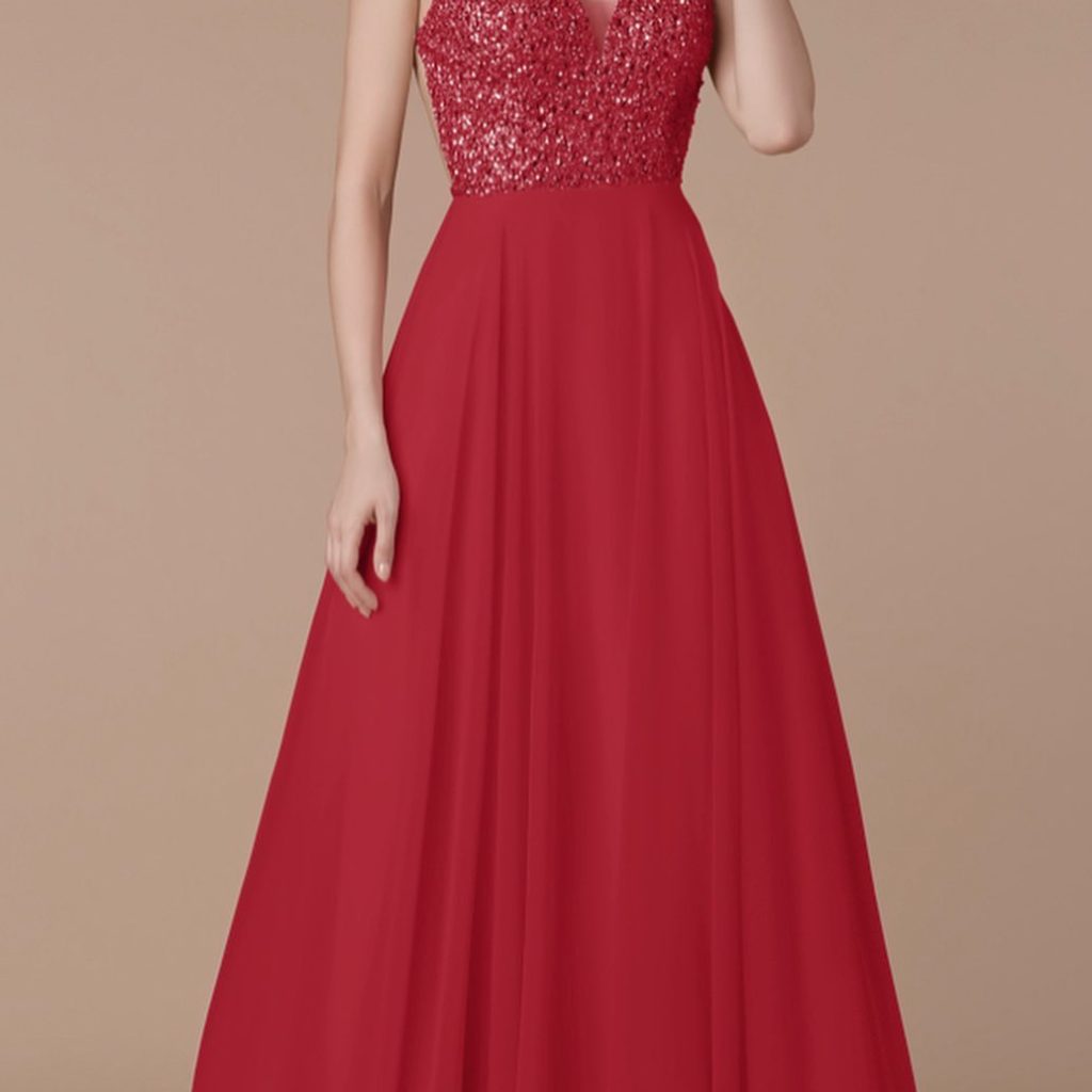 Red Embellished Gown + Sequin Bodice + Chiffon Skirt