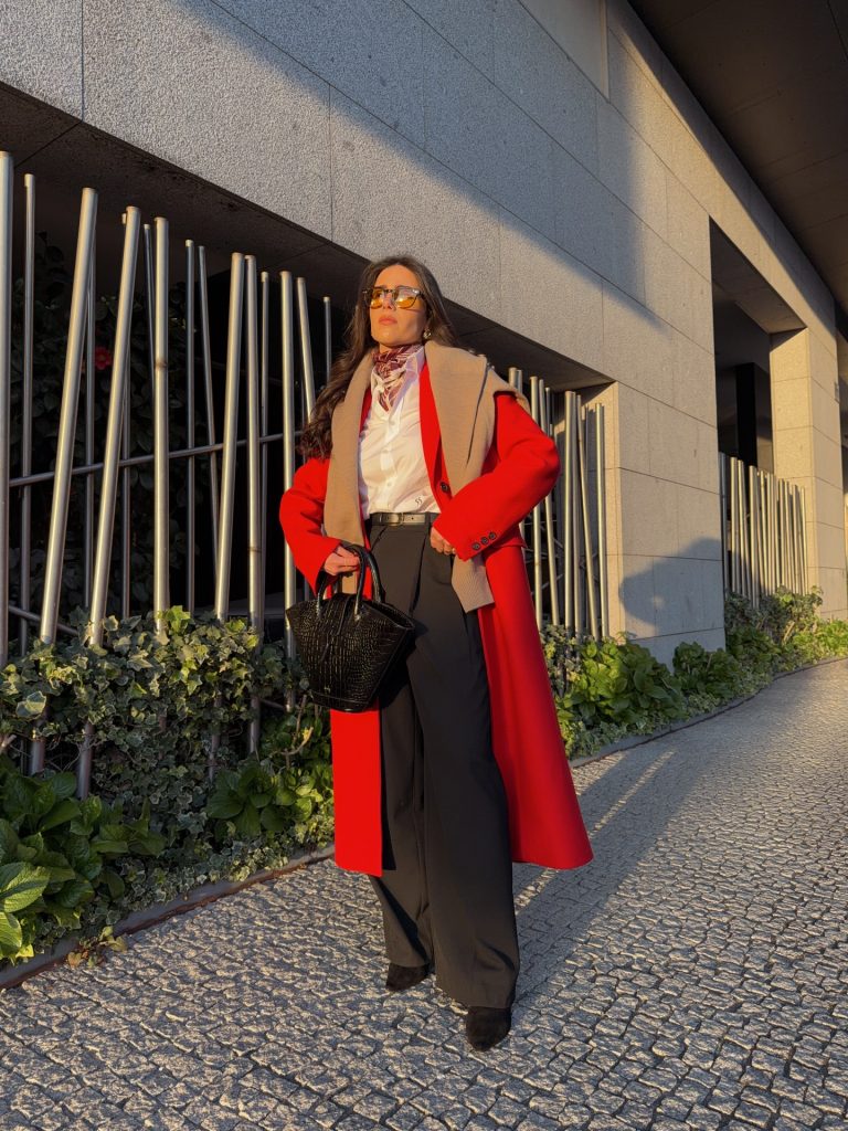 Red Long Coat + White Button-Down + Wide-Leg Trousers