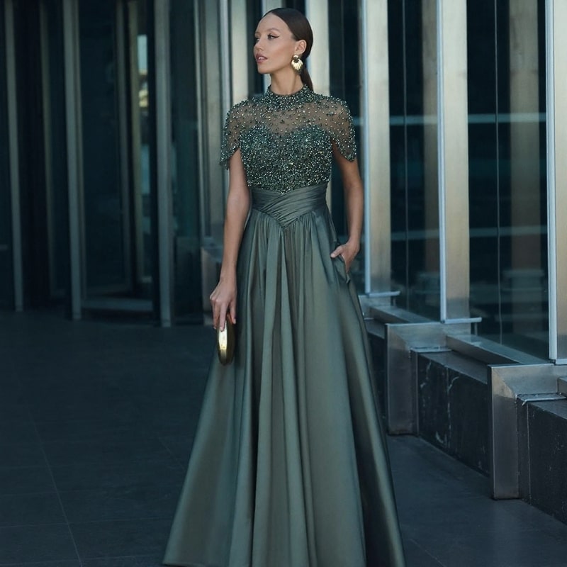 Sage Green Satin Gown + Embellished Cap-Sleeve Bodice + Gold Shell Earrings
