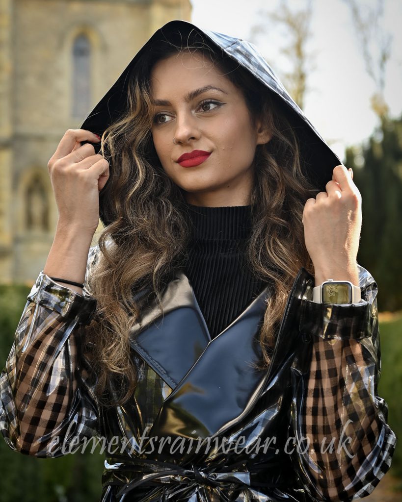 Black Gingham Raincoat + Black Turtleneck + Vinyl Hood