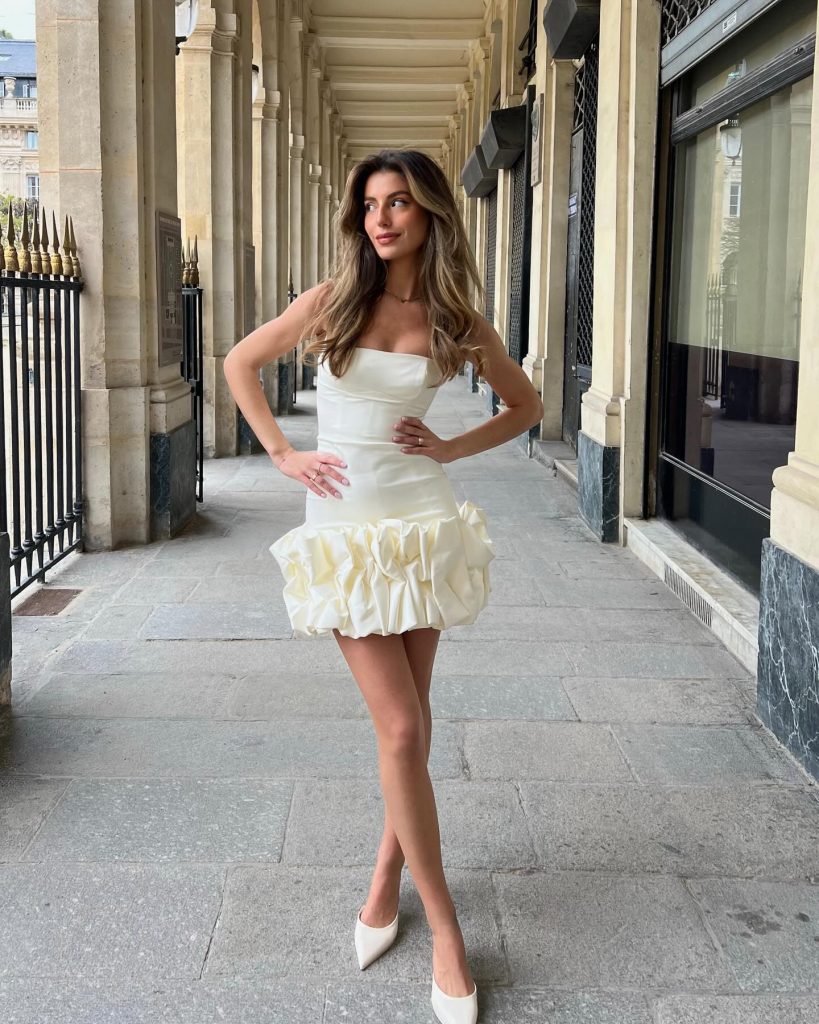 Ivory Strapless Dress + Ruffled Skirt + Pointed Heels
