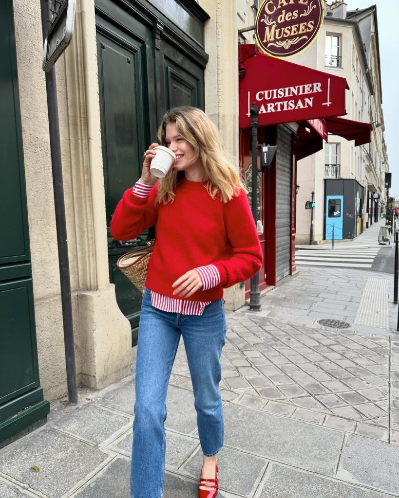 Red Sweater + Striped Button-down + Straight-leg Jeans