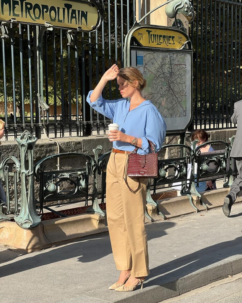 Blue Button-up Shirt + Khaki Trousers + Croc-effect Bag
