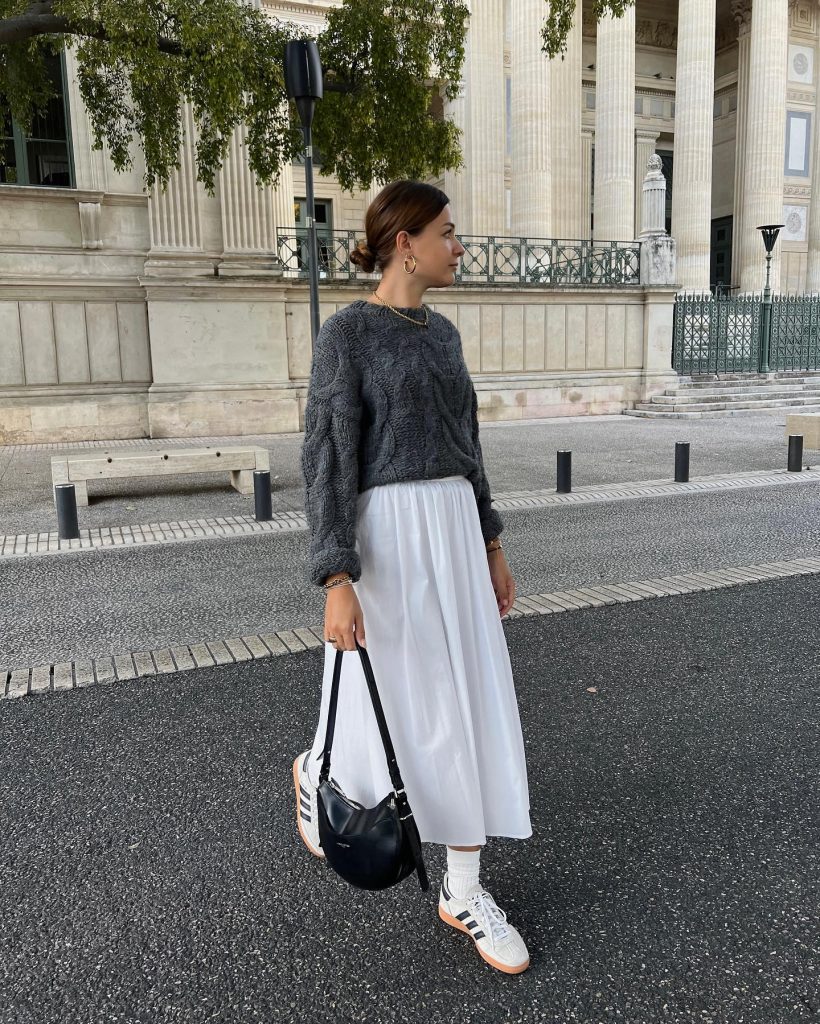 Grey Cable-Knit Sweater + White Maxi Skirt + White Sneakers