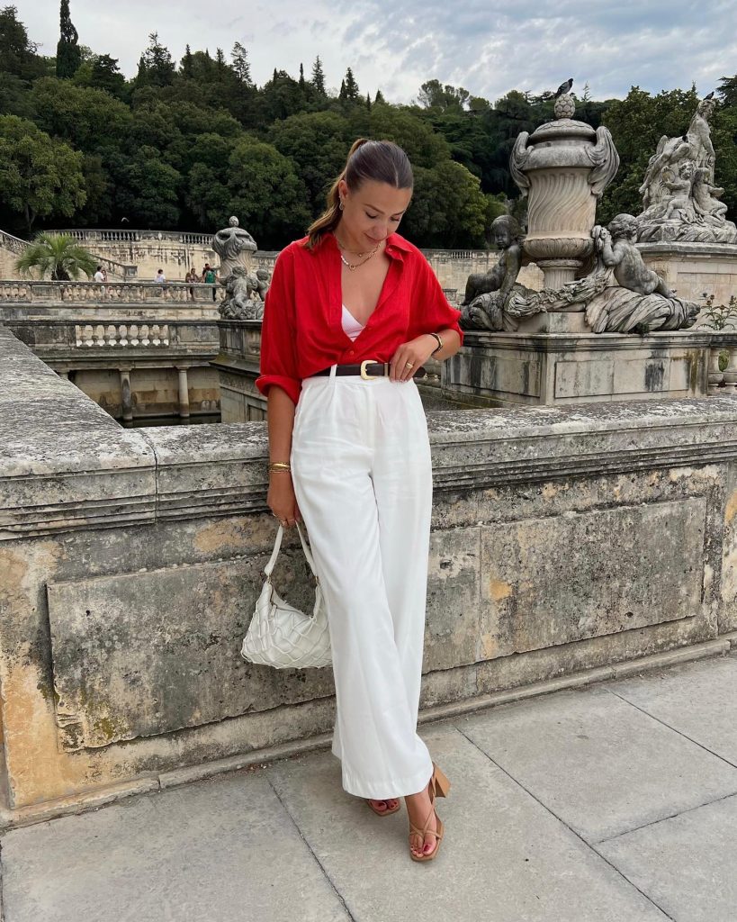 Red Button-up + White Bra Top + Wide-Leg Trousers