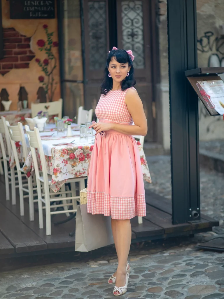 Pink Gingham Dress + Headband + Peep-toe Heels