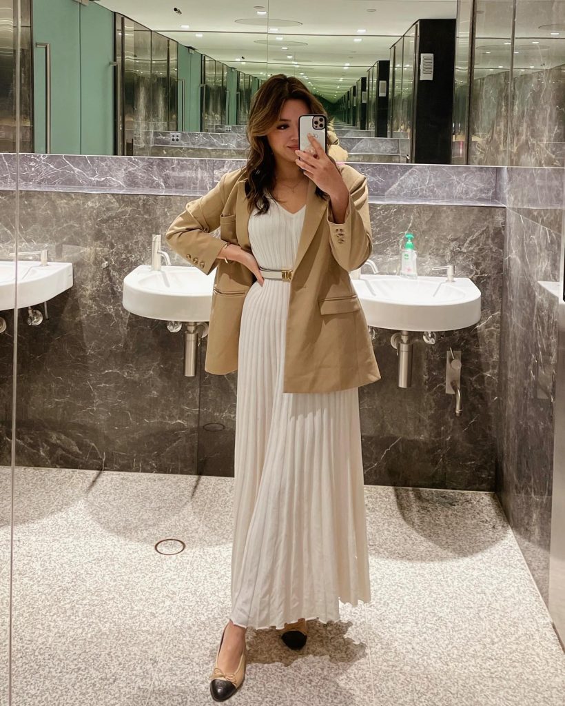 Camel Blazer + White Pleated Maxi Dress + White Belt