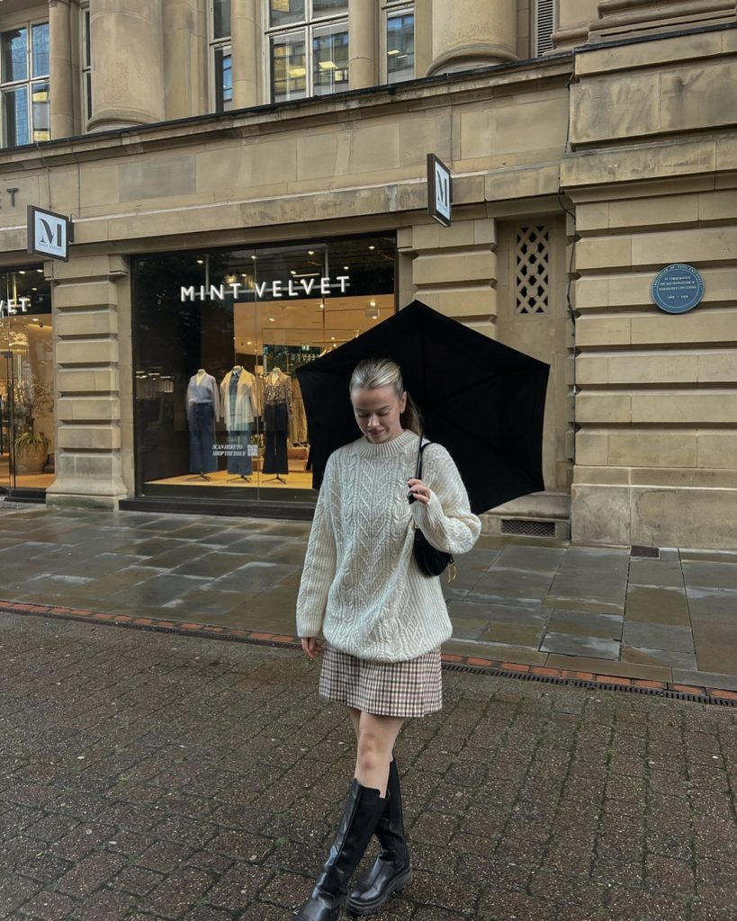 Cream Cable Knit Sweater + Checkered Mini Skirt + Black Umbrella