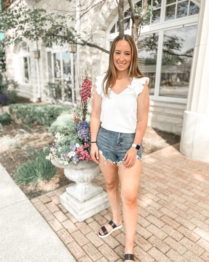 White V-Neck Ruffle Tank + Distressed Denim Shorts
