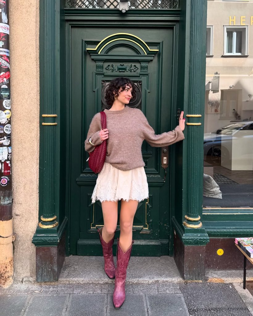  Beige Knit Sweater + Lace Mini Skirt + Burgundy Cowboy Boots