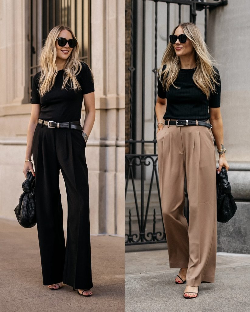Black Ribbed Tee + Wide-Leg Trousers + Leather Belt