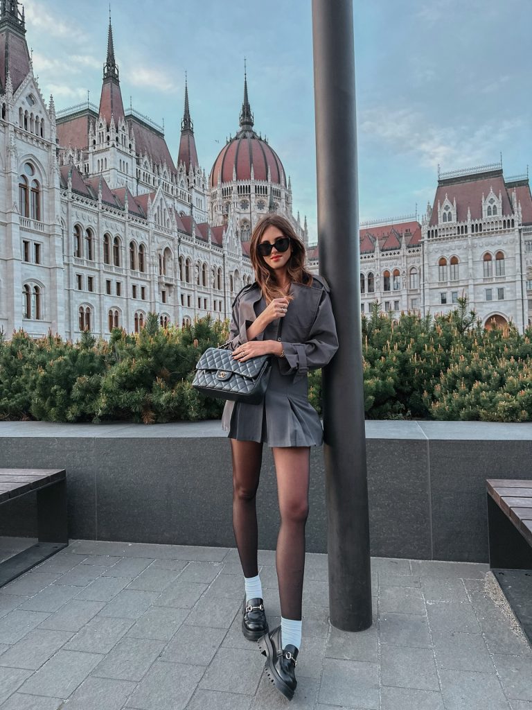 Grey Trench Dress + Black Sheer Tights + Black Chunky Loafers