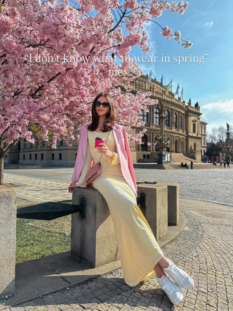 Pink Blazer + Yellow Maxi Dress + White Sneakers