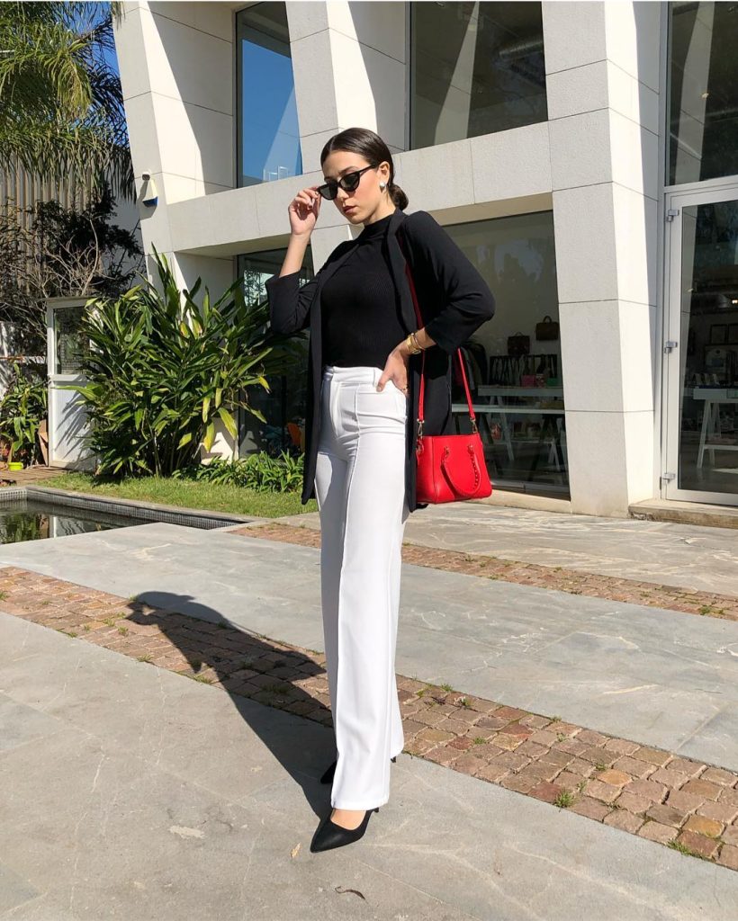 Black Open Blazer + Black Mock-Neck Top + White Tailored Pants