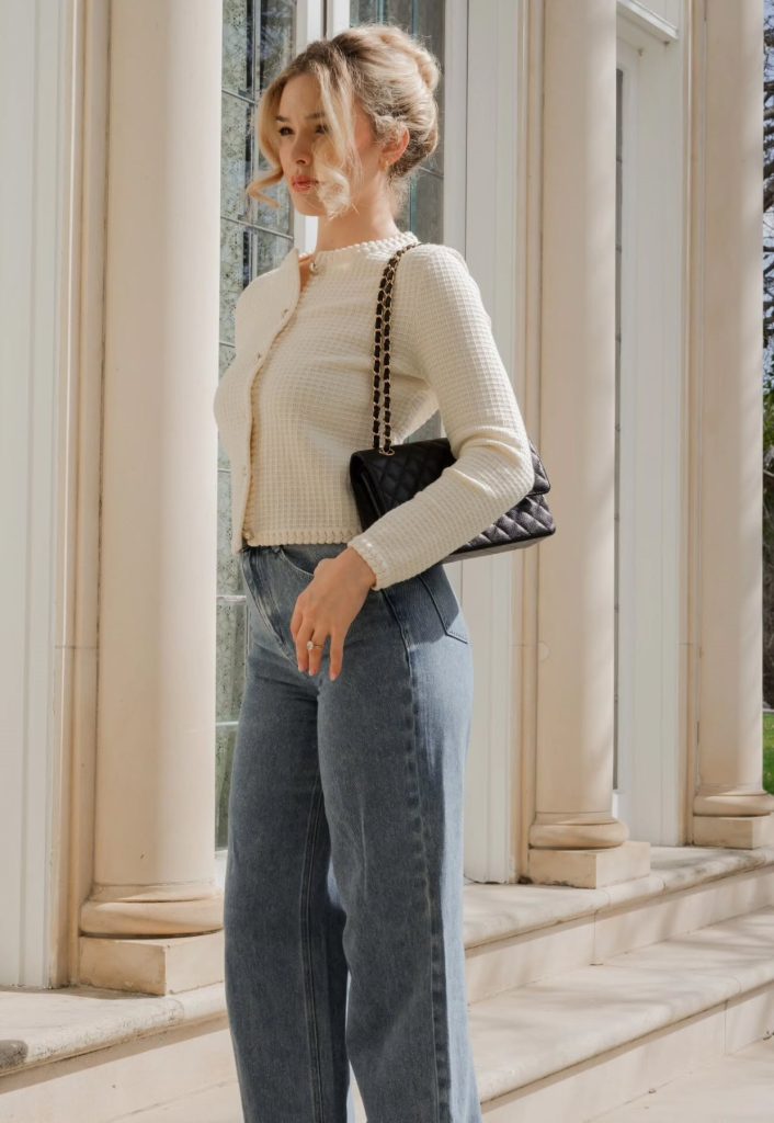 White Textured Cardigan + Wide Leg Jeans + Quilted Shoulder Bag