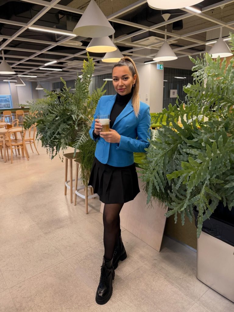 Cerulean Blue Blazer + Black Pleated Mini Skirt + Black Turtleneck