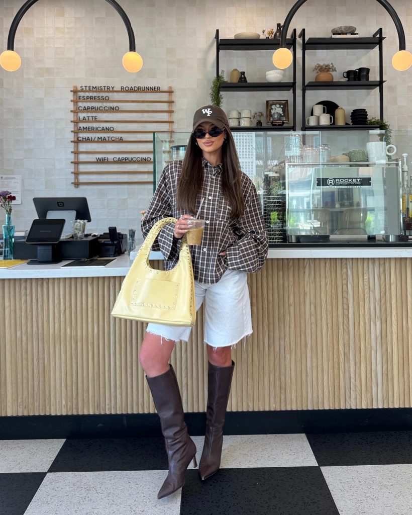 Brown Plaid Button-Down + White Denim Cut-offs + Brown Pointed Boots