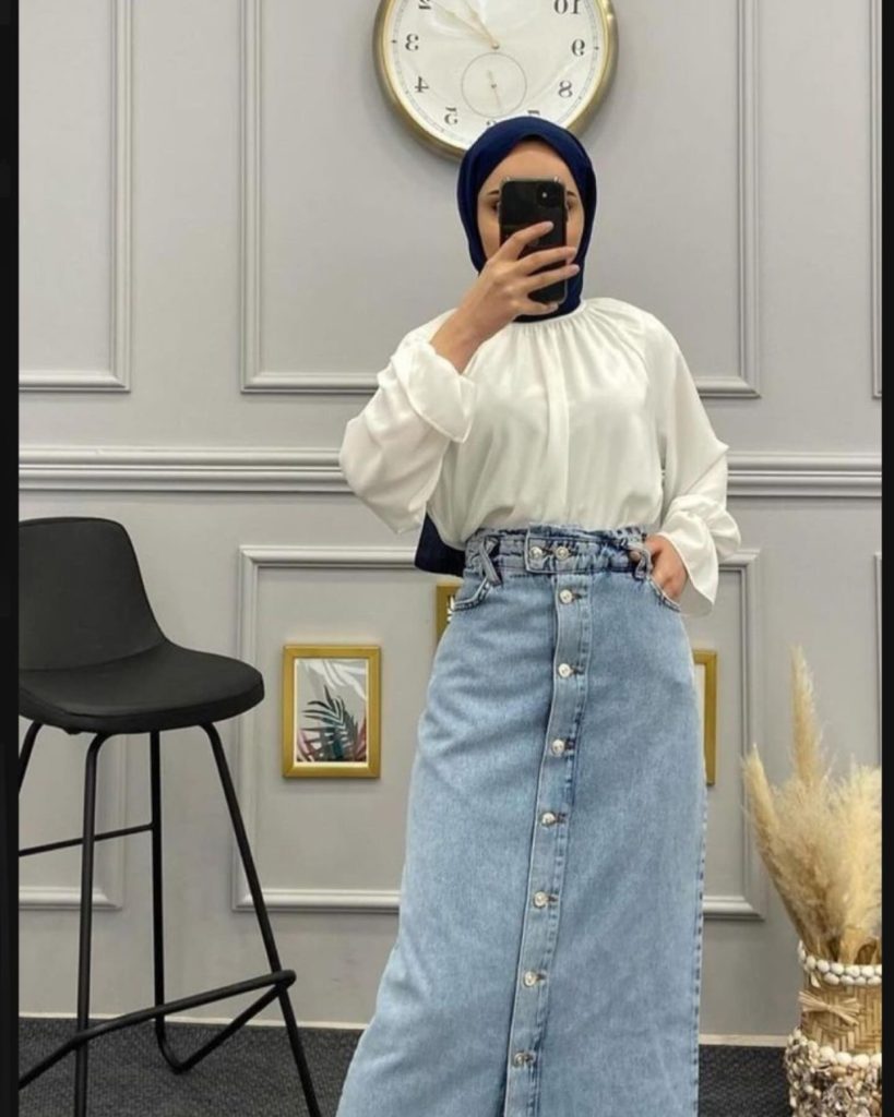 White Blouse + Button-Front Denim Skirt + Navy Hijab
