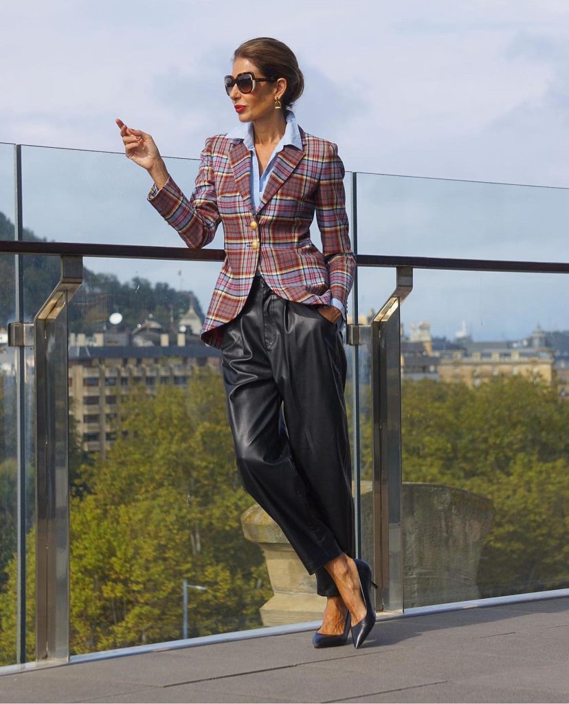 Plaid Blazer + Blue Button-Down + Black Faux-Leather Pants