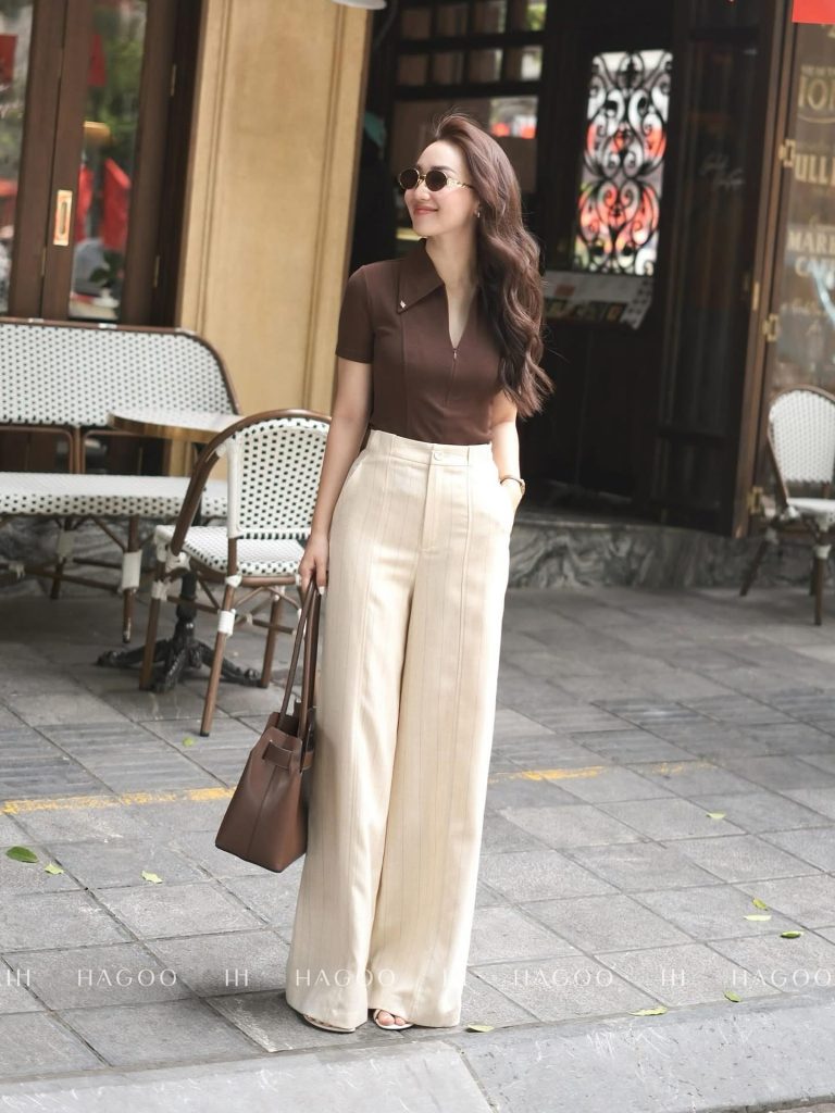 Brown Polo Top + Cream Pinstripe Wide-Leg Pants + Leather Tote