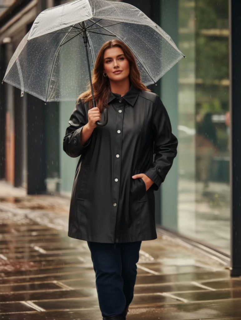 Black Leather Raincoat + Dark Wash Jeans + Clear Umbrella