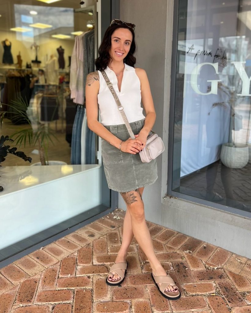 White Sleeveless Polo Shirt + Olive Corduroy Mini Skirt + Neutral Slide Sandals