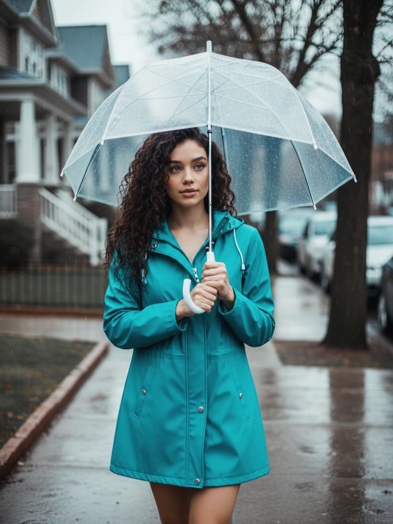 Teal Raincoat + Clear Umbrella