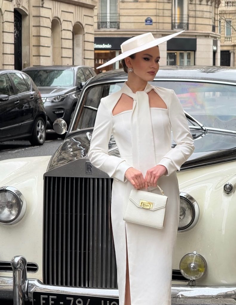 White Cut-Out Midi Dress + White Structured Hat + Gold-Clasp Handbag