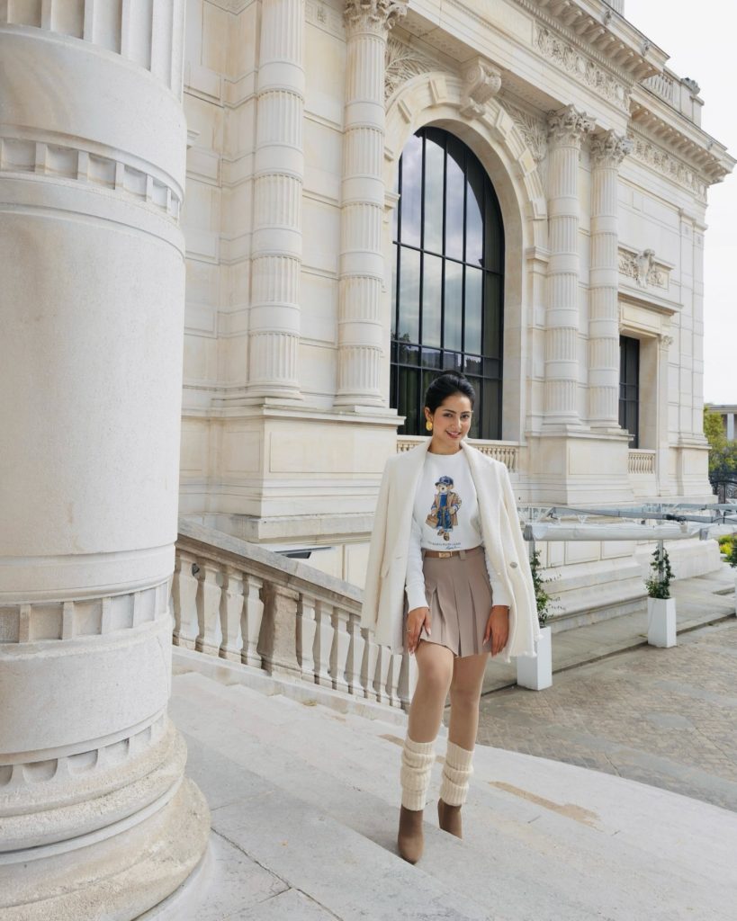 White Tweed Blazer + Graphic Sweatshirt + Pleated Mini Skirt