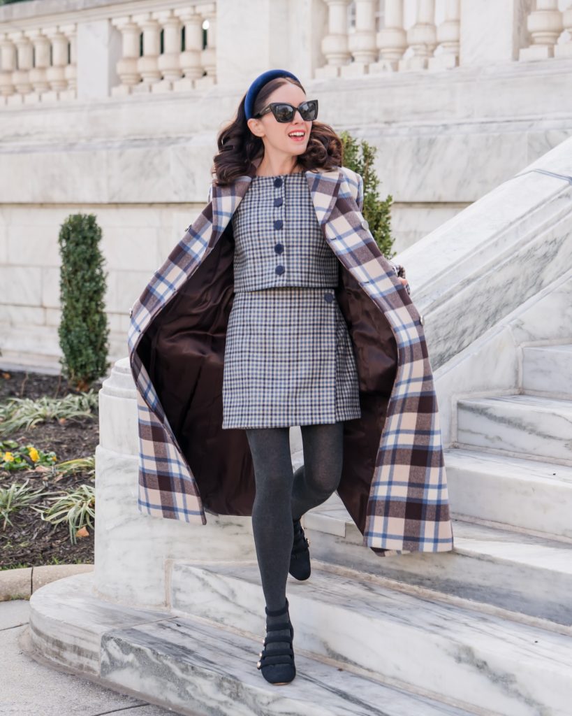 Blue and Brown Plaid Coat + Matching Plaid Mini Dress + Grey Tights