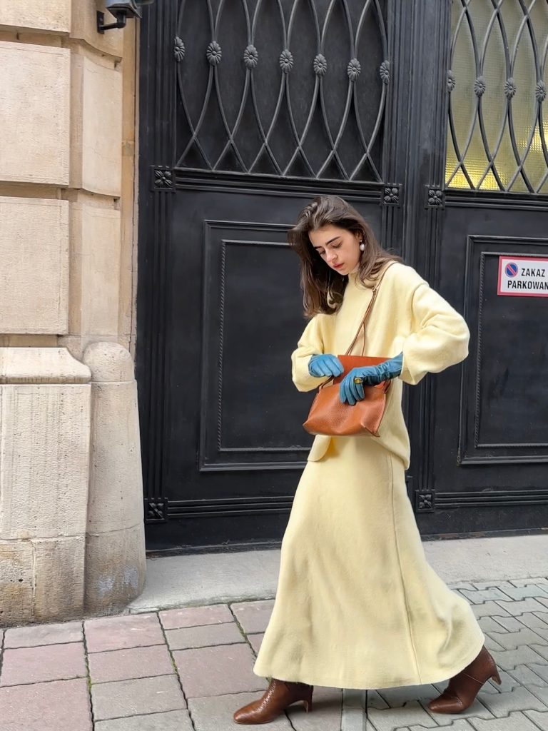 Butter Yellow Knit Set + Blue Leather Gloves + Brown Boots