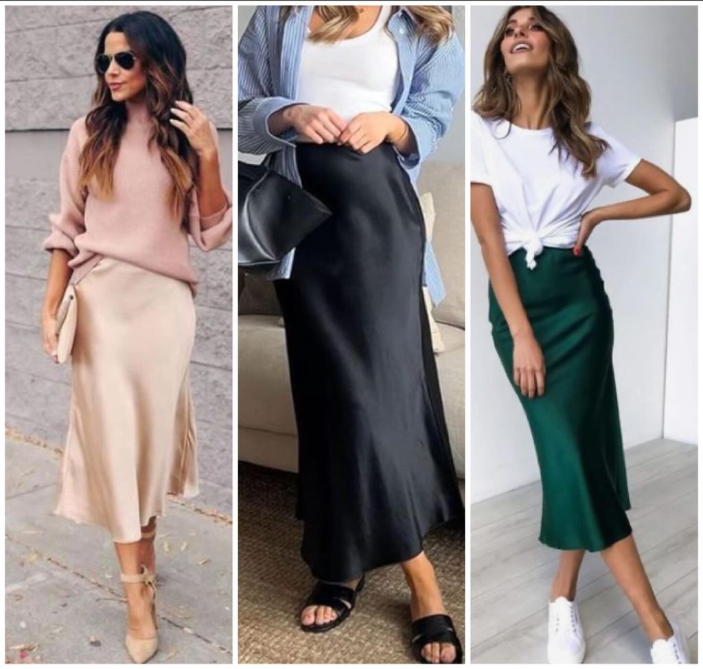 Pastel Knit Sweater + Champagne Satin Midi Skirt
