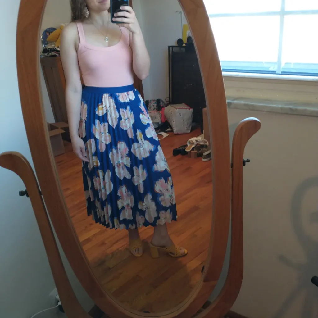 Pink Tank Top + Blue Floral Pleated Skirt