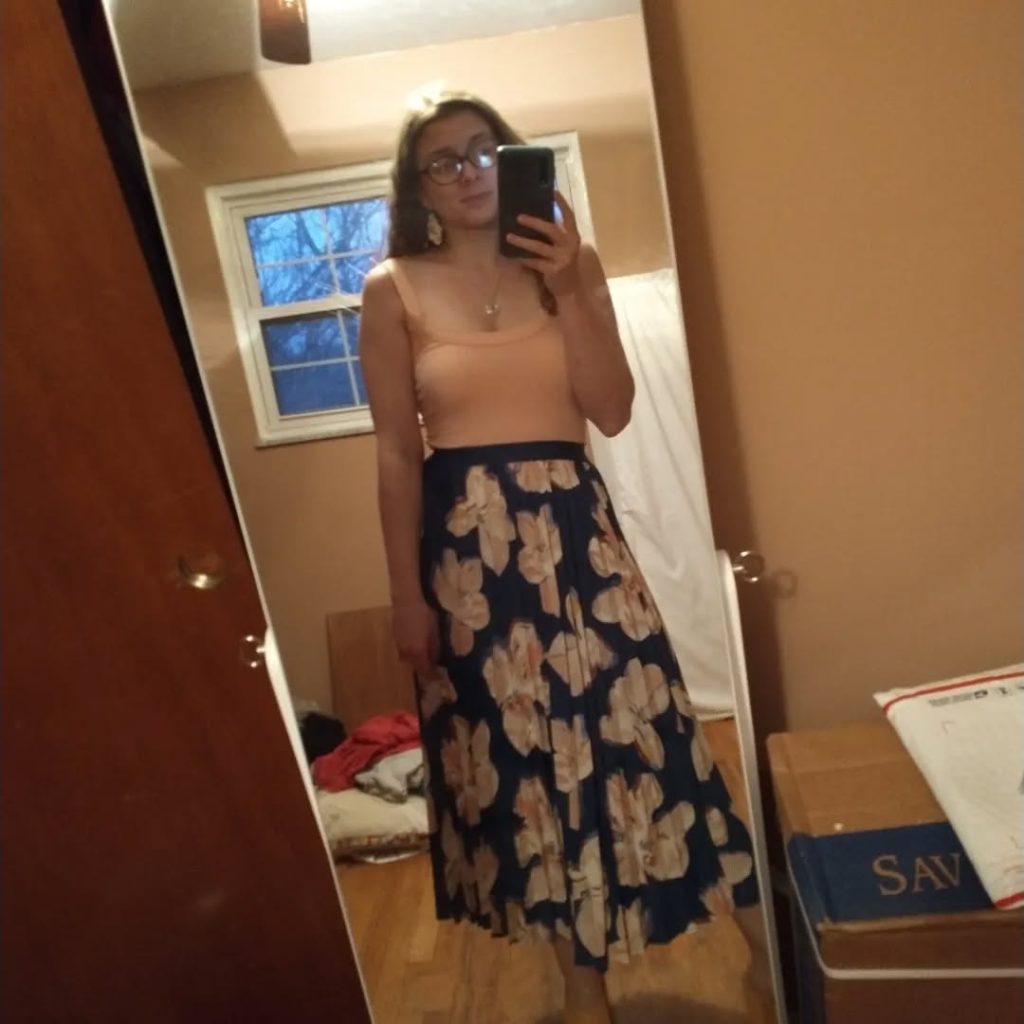 Peach Tank Top + Navy Floral Pleated Skirt