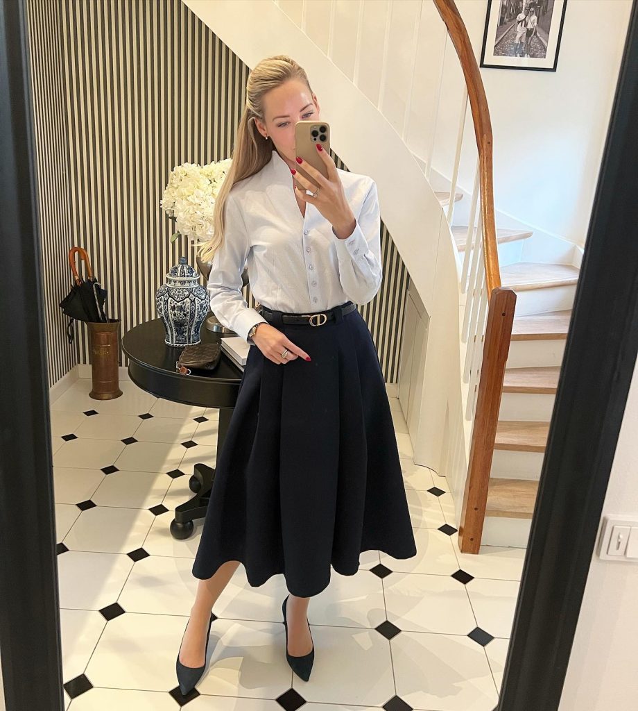 Light Blue Button-Down + Navy A-Line Midi Skirt + Leather Belt